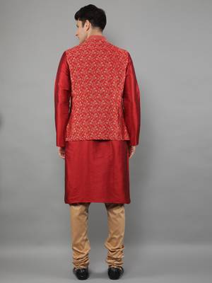 Manish creations men's floral pattan silk blend traditional kurta sets with nehru jacket 2
