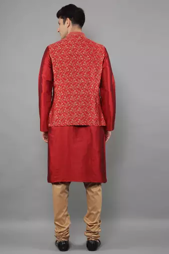 Manish creations men's floral pattan silk blend traditional kurta sets with nehru jacket