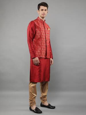 Manish creations men's floral pattan silk blend traditional kurta sets with nehru jacket 3