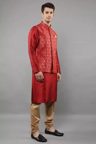 Manish creations men's floral pattan silk blend traditional kurta sets with nehru jacket