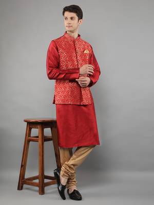 Manish creations men's floral pattan silk blend traditional kurta sets with nehru jacket 5