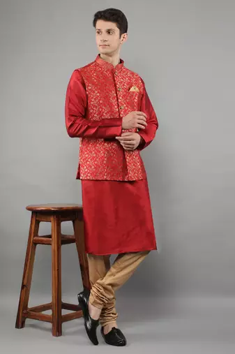 Manish creations men's floral pattan silk blend traditional kurta sets with nehru jacket