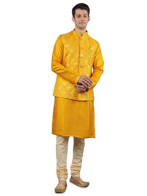 Manish creations men's geometric pattan ethnic silk blend kurta sets with nehru jacket 1
