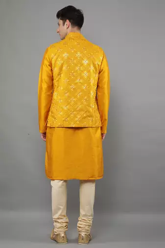 Manish creations men's geometric pattan ethnic silk blend kurta sets with nehru jacket