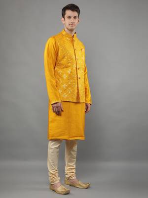 Manish creations men's geometric pattan ethnic silk blend kurta sets with nehru jacket 3