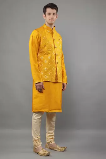 Manish creations men's geometric pattan ethnic silk blend kurta sets with nehru jacket