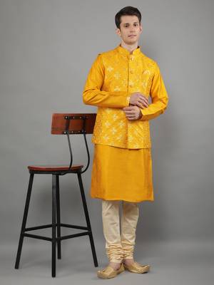 Manish creations men's geometric pattan ethnic silk blend kurta sets with nehru jacket 5