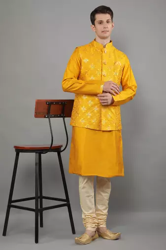 Manish creations men's geometric pattan ethnic silk blend kurta sets with nehru jacket