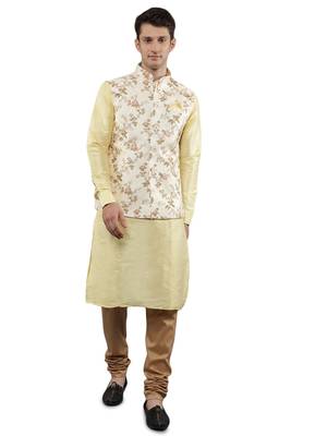 Manish creations men's floral pattan ethnic silk blend kurta sets with nehru jacket 1