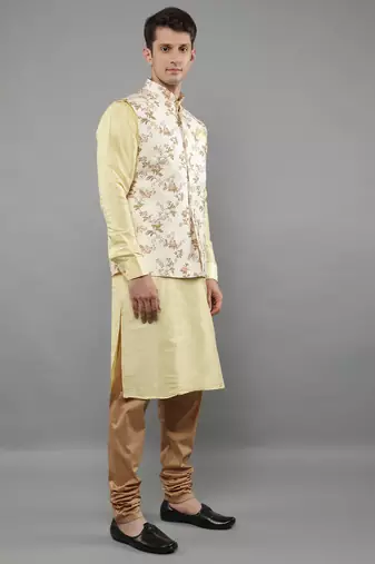 Manish creations men's floral pattan ethnic silk blend kurta sets with nehru jacket