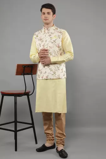 Manish creations men's floral pattan ethnic silk blend kurta sets with nehru jacket
