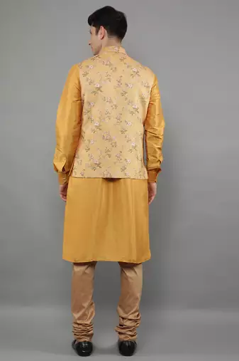 Manish creations men's floral pattan ethnic silk blend kurta sets with nehru jacket