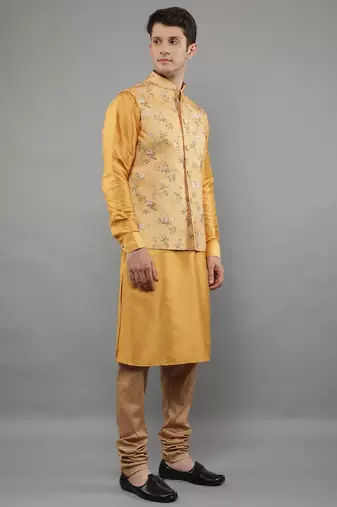 Manish creations men's floral pattan ethnic silk blend kurta sets with nehru jacket
