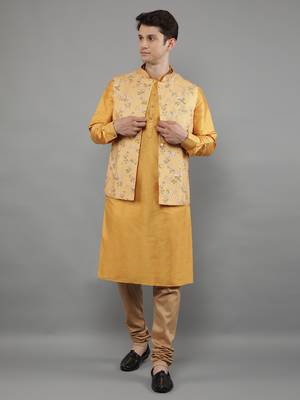 Manish creations men's floral pattan ethnic silk blend kurta sets with nehru jacket 5