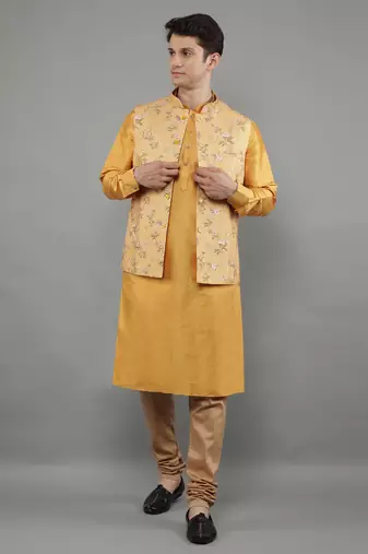 Manish creations men's floral pattan ethnic silk blend kurta sets with nehru jacket