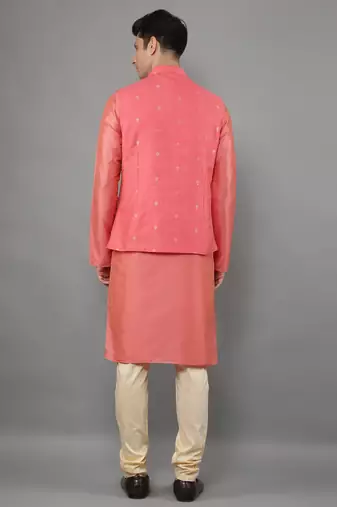 Manish creations men's woven pattan ethnic silk blend kurta sets with nehru jacket