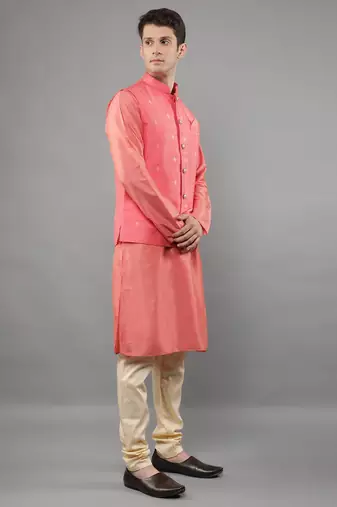 Manish creations men's woven pattan ethnic silk blend kurta sets with nehru jacket