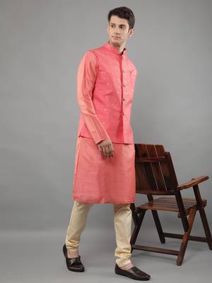 Manish creations men's woven pattan ethnic silk blend kurta sets with nehru jacket 5