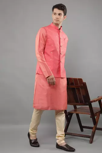 Manish creations men's woven pattan ethnic silk blend kurta sets with nehru jacket