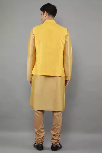 Manish creations men's woven pattan ethnic silk blend kurta sets with nehru jacket