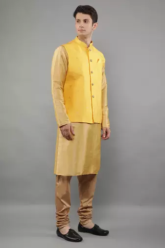 Manish creations men's woven pattan ethnic silk blend kurta sets with nehru jacket