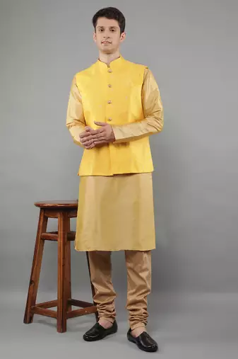 Manish creations men's woven pattan ethnic silk blend kurta sets with nehru jacket