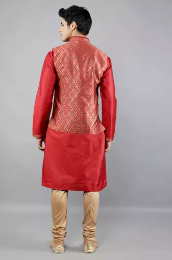 Manish creations men's ethnic motifs silk blend kurta sets with nehru jacket