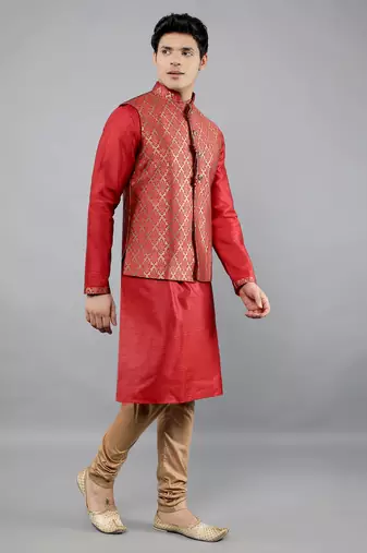 Manish creations men's ethnic motifs silk blend kurta sets with nehru jacket