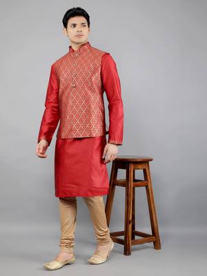 Manish creations men's ethnic motifs silk blend kurta sets with nehru jacket 5