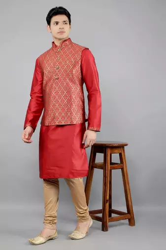 Manish creations men's ethnic motifs silk blend kurta sets with nehru jacket