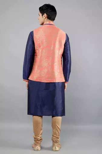 Manish creations men's floral pattan ethnic silk blend kurta sets with nehru jacket