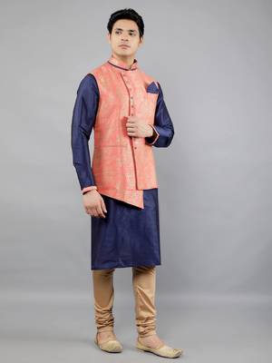 Manish creations men's floral pattan ethnic silk blend kurta sets with nehru jacket 3
