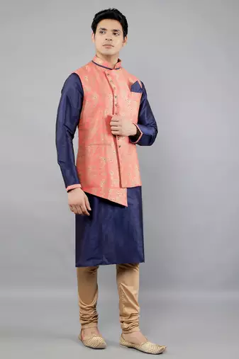 Manish creations men's floral pattan ethnic silk blend kurta sets with nehru jacket