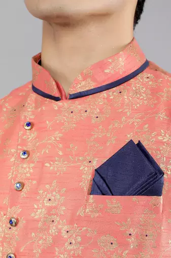 Manish creations men's floral pattan ethnic silk blend kurta sets with nehru jacket