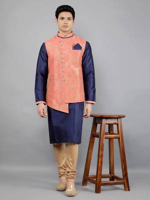 Manish creations men's floral pattan ethnic silk blend kurta sets with nehru jacket 5