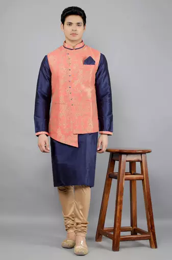 Manish creations men's floral pattan ethnic silk blend kurta sets with nehru jacket