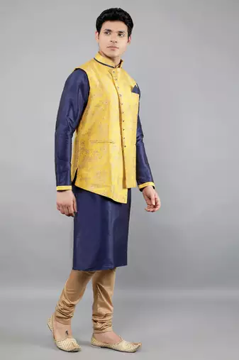 floral pattan ethnic silk blend kurta sets with nehru jacket