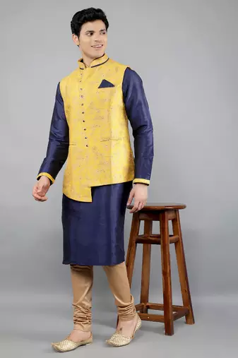 floral pattan ethnic silk blend kurta sets with nehru jacket