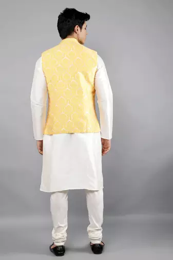 Manish creations men's woven pattan ethnic silk blend kurta sets with nehru jacket