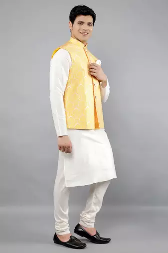 Manish creations men's woven pattan ethnic silk blend kurta sets with nehru jacket