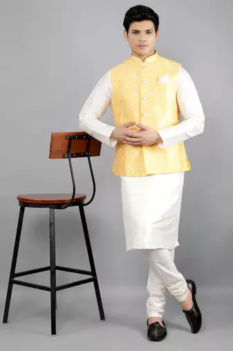 Manish creations men's woven pattan ethnic silk blend kurta sets with nehru jacket