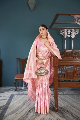 Pink Faux Organza Ethnic Motifs Thread Design Zari Saree With Blouse 1