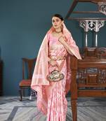 Pink Faux Organza Ethnic Motifs Thread Design Zari Saree With Blouse