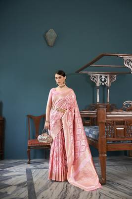 Pink Faux Organza Ethnic Motifs Thread Design Zari Saree With Blouse 2