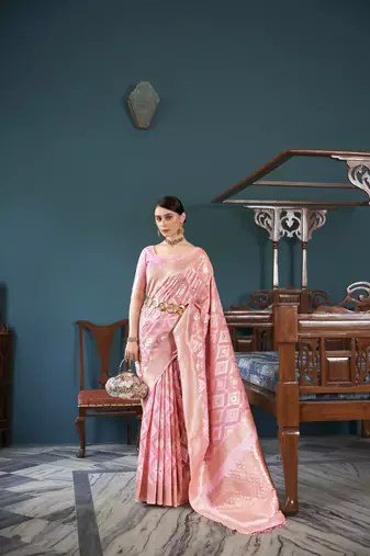 Pink Faux Organza Ethnic Motifs Thread Design Zari Saree With Blouse