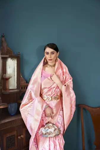 Pink Faux Organza Ethnic Motifs Thread Design Zari Saree With Blouse