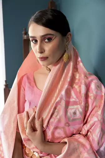 Pink Faux Organza Ethnic Motifs Thread Design Zari Saree With Blouse