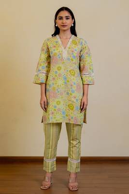 Mustard Green Regular Fit Cotton Floral Foil Printed Kurta With Pant 1