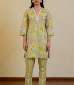 Mustard Green Regular Fit Cotton Floral Foil Printed Kurta With Pant