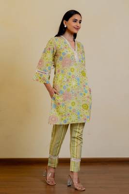 Mustard Green Regular Fit Cotton Floral Foil Printed Kurta With Pant 2